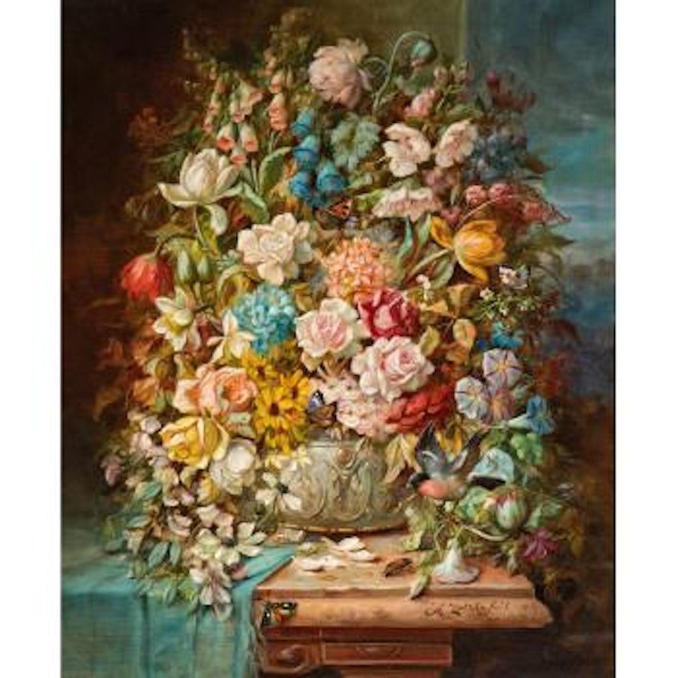 Üppiges Blumenstillleben mit Maikäfer by Hans Zatzka