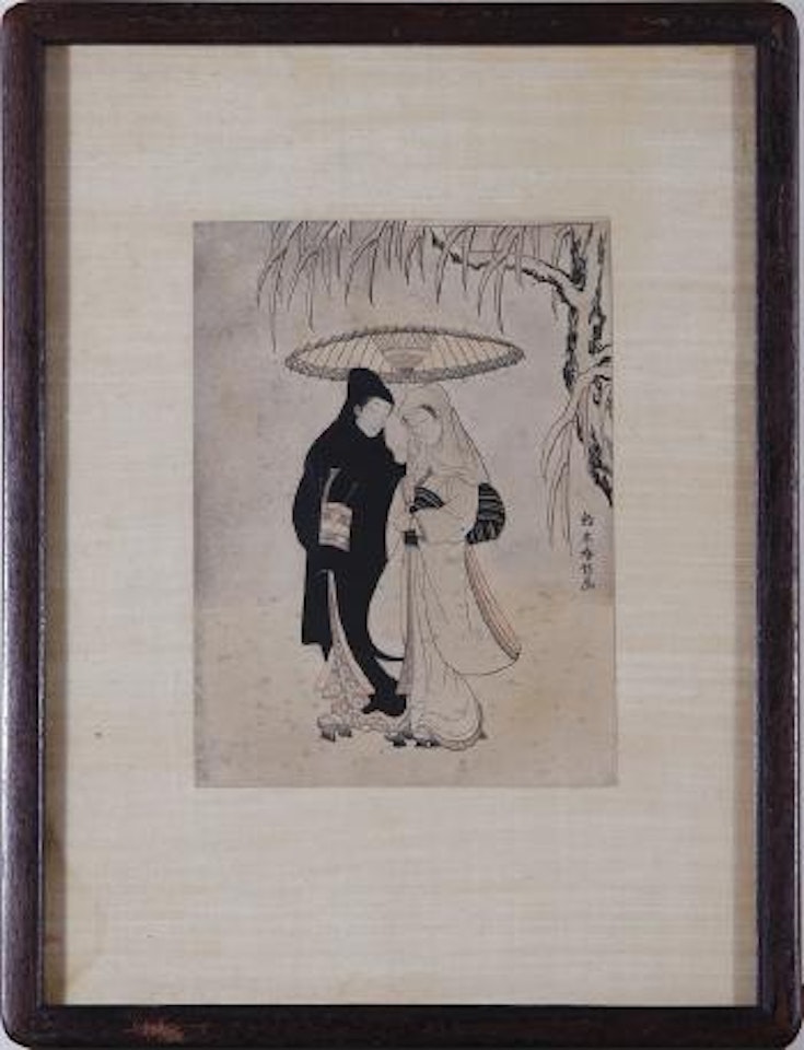 Lovers under an umbrella in the snow by Suzuki Harunobu