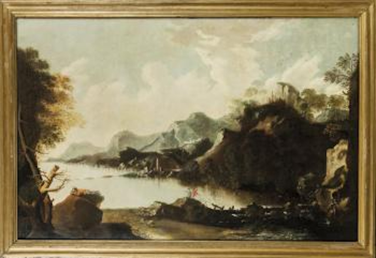 Paesaggio con fiume e pescatori by Roman School