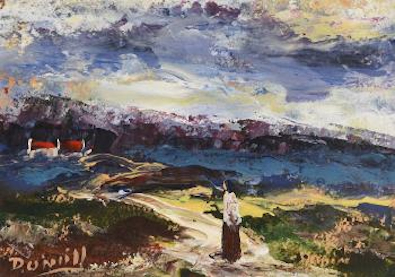 Figure & Cottages in Landscape by Daniel O'Neill