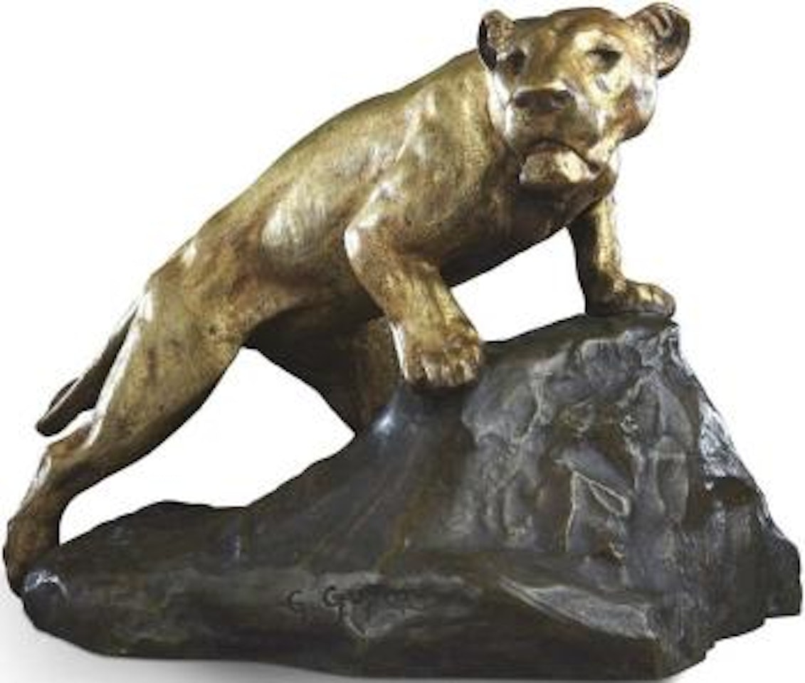 Lionne sur un rocher by Georges Lucien Guyot