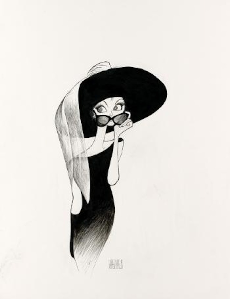 Breakfast at Tiffany's, Audrey Hepburn with large hat and sunglasses by Al Hirschfeld