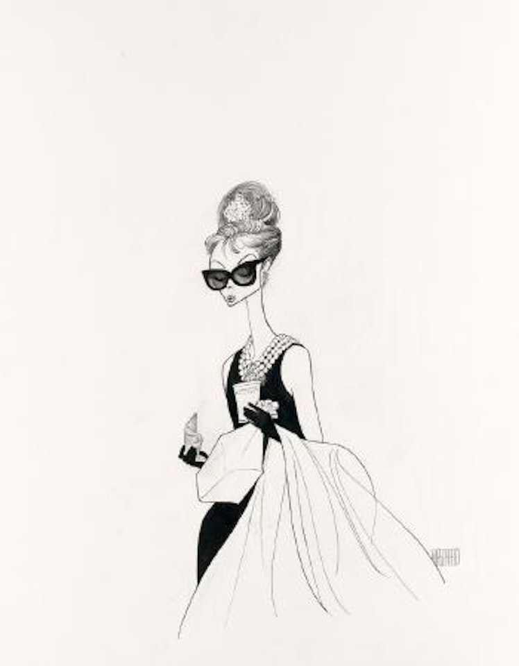 Breakfast at Tiffany's, Audrey Hepburn with Schrafft's bag and croissant by Al Hirschfeld