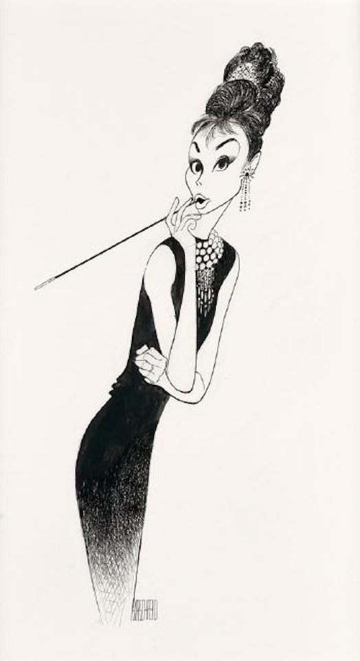 Breakfast at Tiffany's, Audrey Hepburn with Tiara and Cigarette by Al Hirschfeld