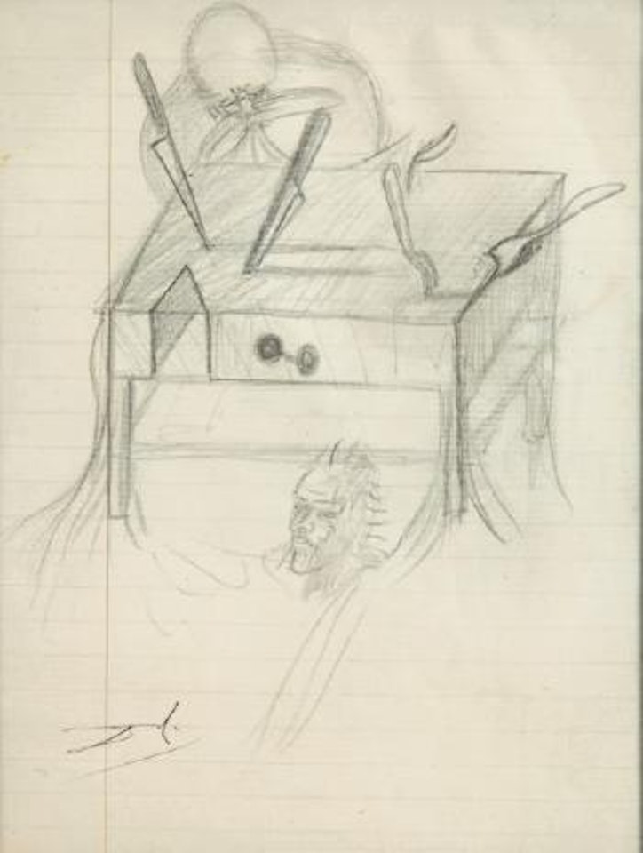 Deux étranges personnages près d’une table transpercée de couteaux et fourchettes by Salvador Dali