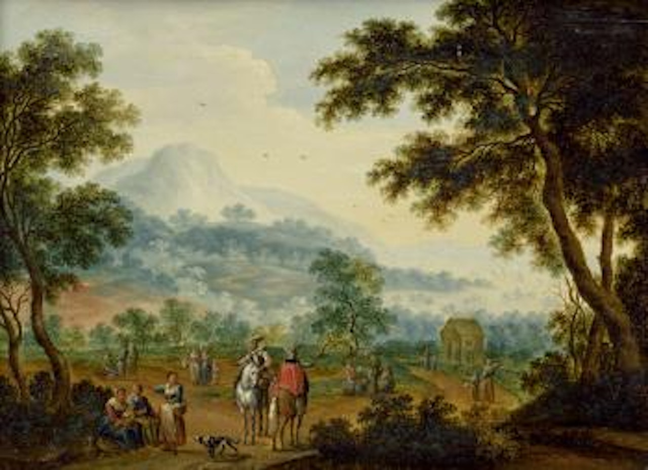 Weite Hügellandschaft mit Reitern und Landvolk by Karel Beschey