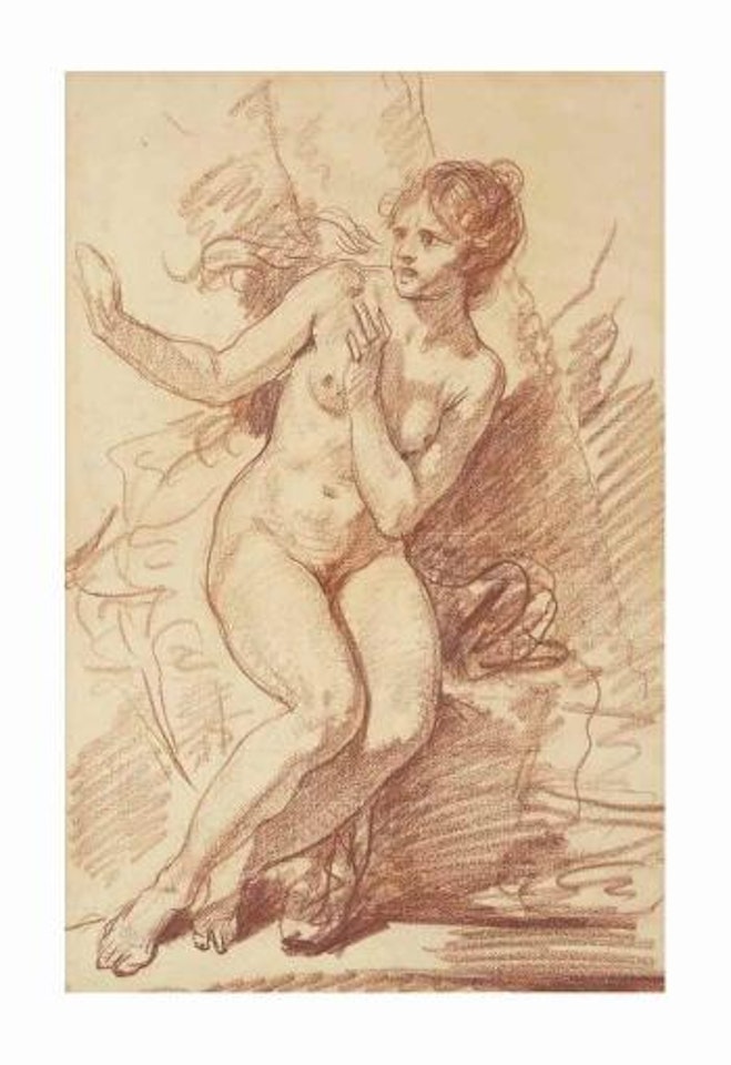 Femme nue assise effrayée, regardant vers la gauche by Jean-Baptiste Greuze