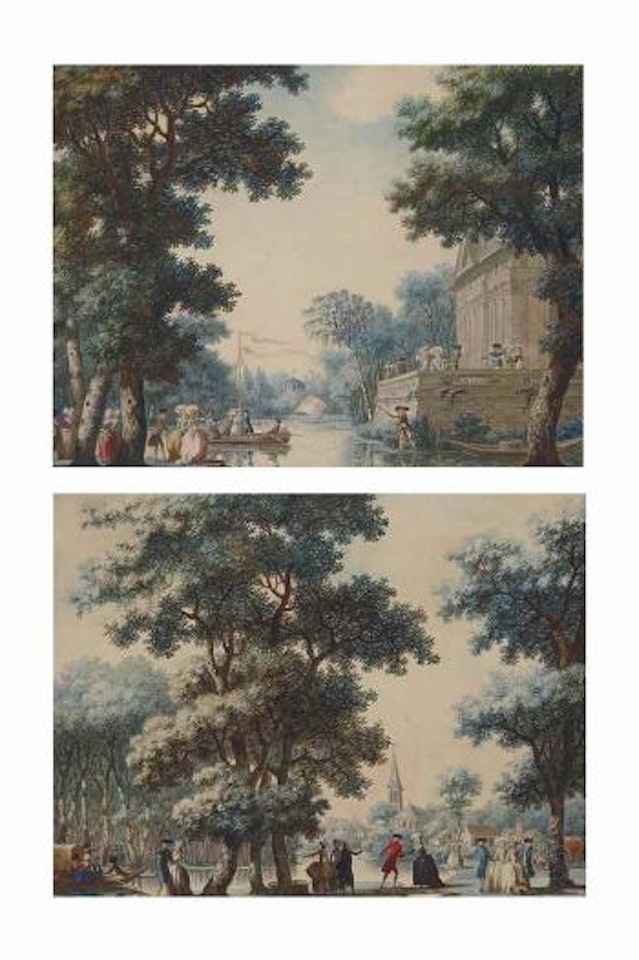 Promeneurs aux abords d'un plan d'eau dans un jardin arboré, la terrasse d'un château sur la droite; et Promeneurs discutant devant un plan d'eau à l'entrée d'un village by Louis Carrogis Carmontelle
