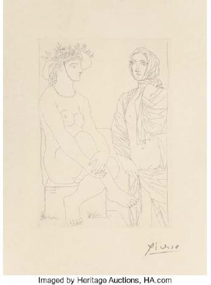 Femme assise au chapeau et femme debout drapée, pl. 79, from La Suite Vollard by Pablo Picasso