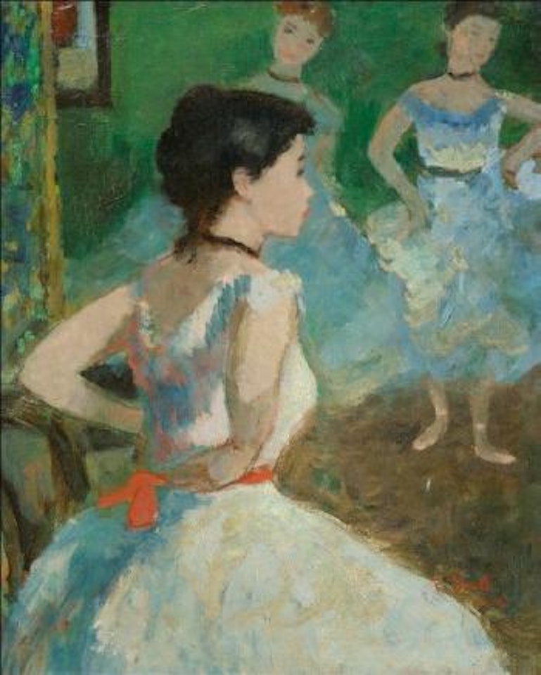 Eugènie nouant le ruban rouge sur son tutu blanc, dans les coulisses by François Gall