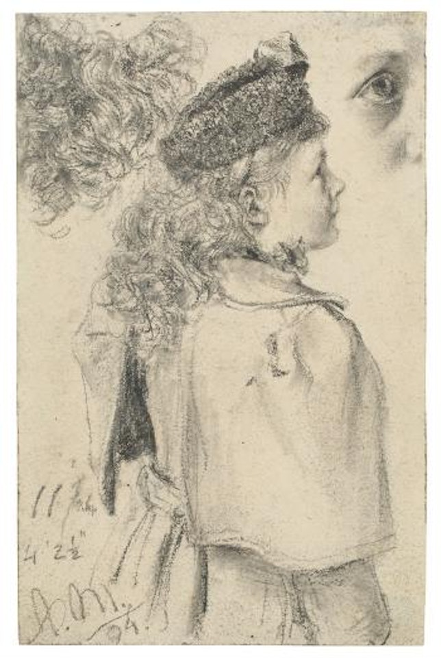 Junges Mädchen im Profil Mit Pelzkappe by Adolph Menzel