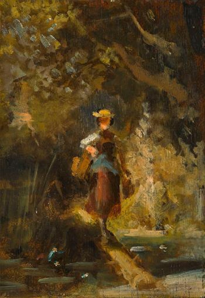 Mädchen mit Korb, einen Bach überquerend by Carl Spitzweg