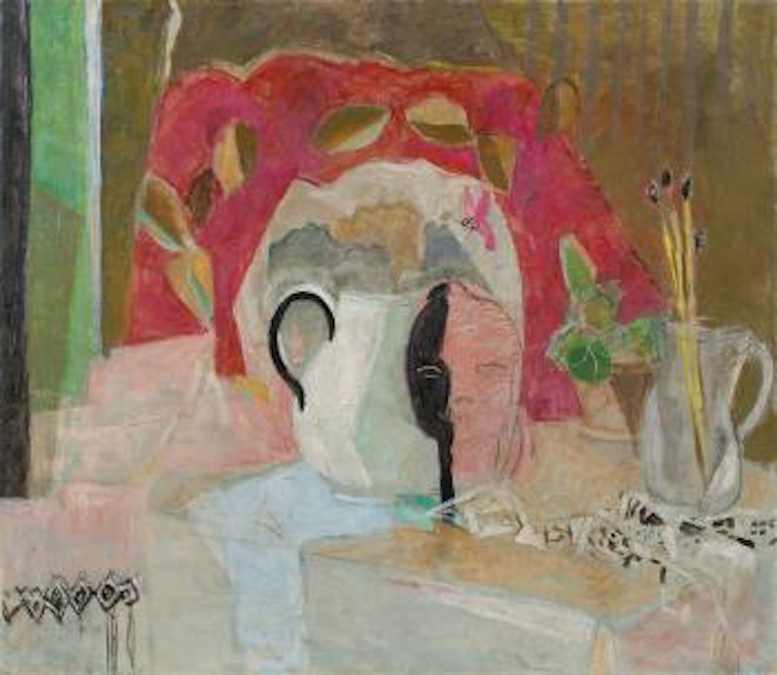 Stilleben Mit Porträtkopf Lita Und Krug Mit Pinseln (Stilleben Mit Terrakotta) by Oskar Moll
