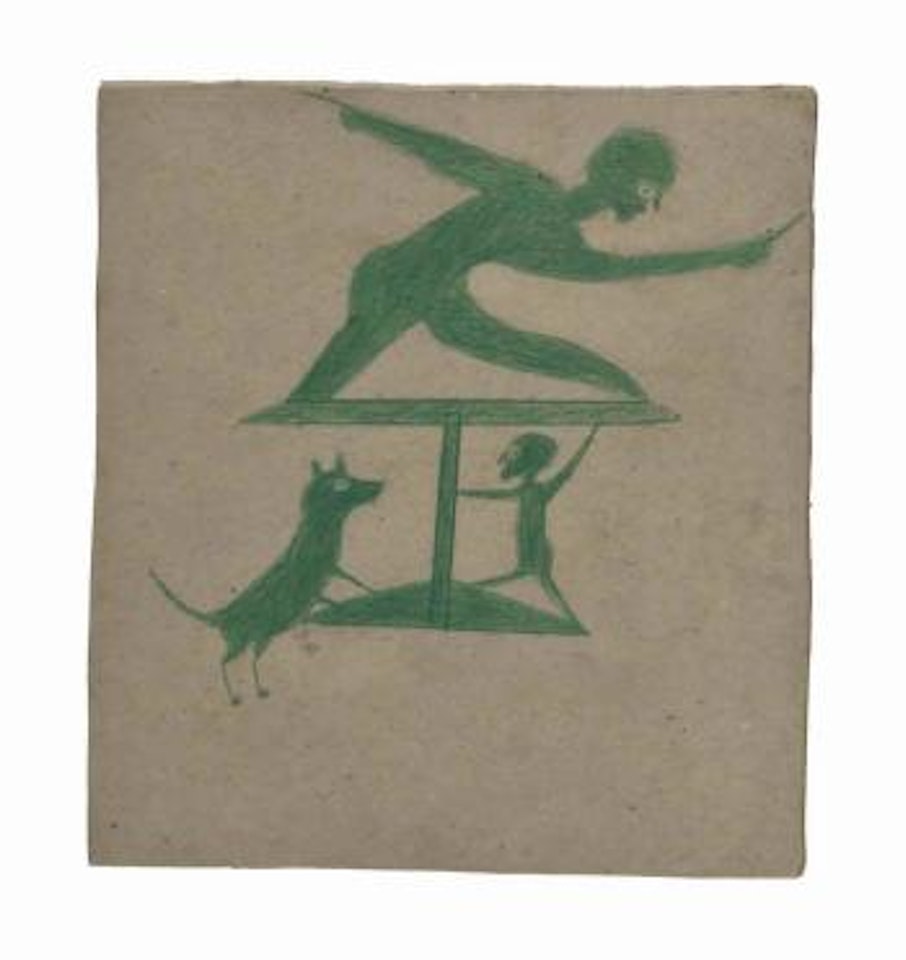 Green Construction with Two Men and a Dog, 1939-1942 by Bill Traylor