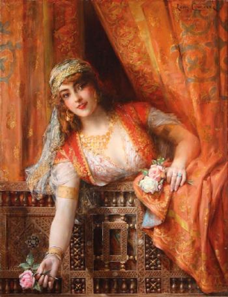 An oriental beauty with roses by Leon Comerre