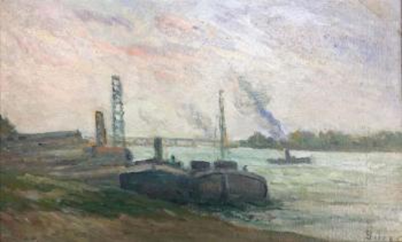 Vernon, crépuscule, les péniches à quai by Maximilien Luce