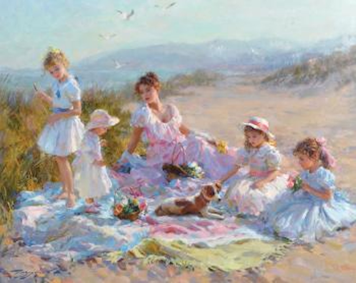 Afternoon at the Seaside, a Mother with Four Children Collecting Flowers by Constantin Razoumov