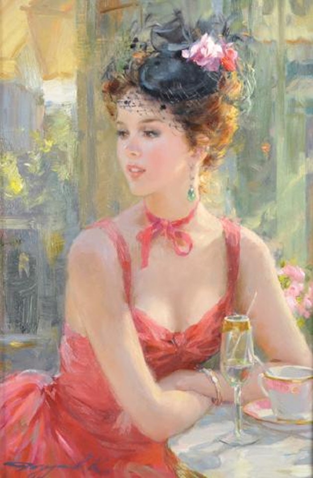 An Elegant Lady Dressed in Red with a Floral Hat by Constantin Razoumov