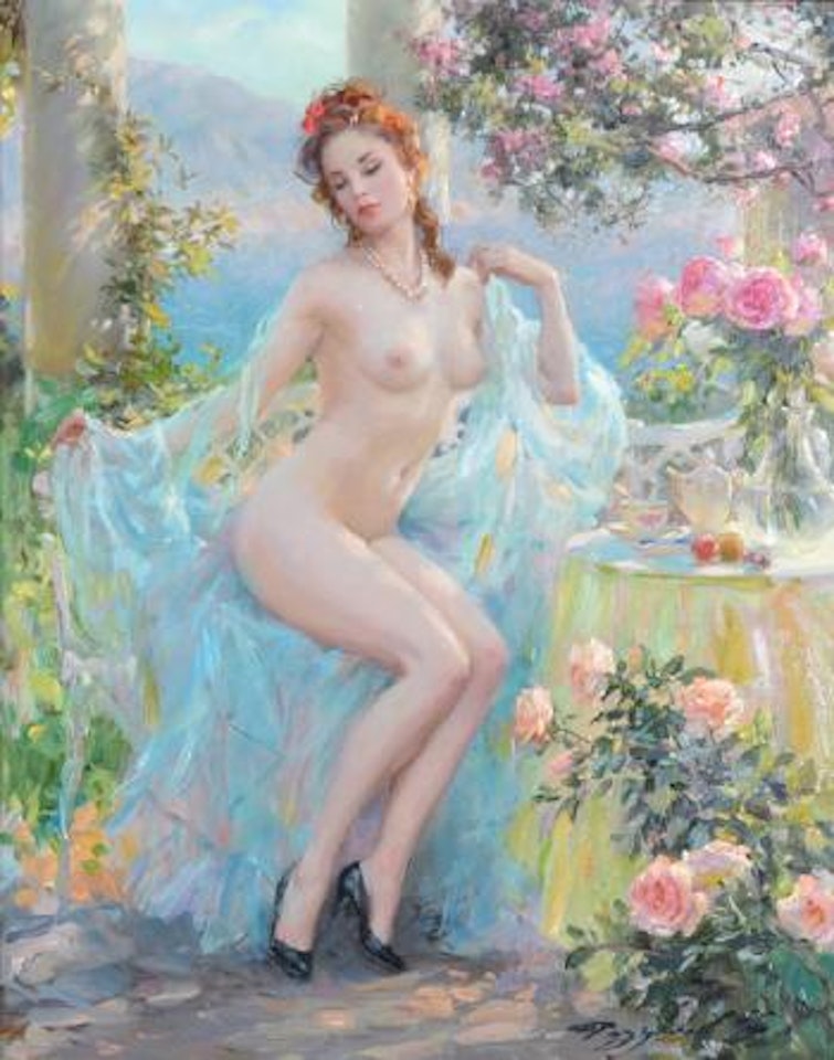 In the Arbour Near the Sea, a Naked Lady, Seated on a Veranda by Constantin Razoumov