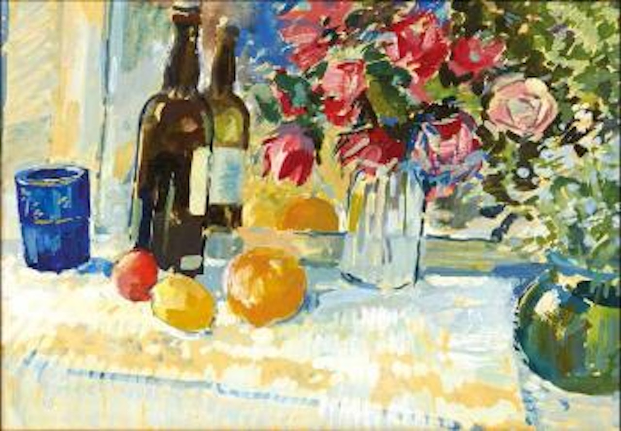 Composition au bouquet de roses, fruits et bouteille sur un entablement by Konstantin Alekseevich Korovin