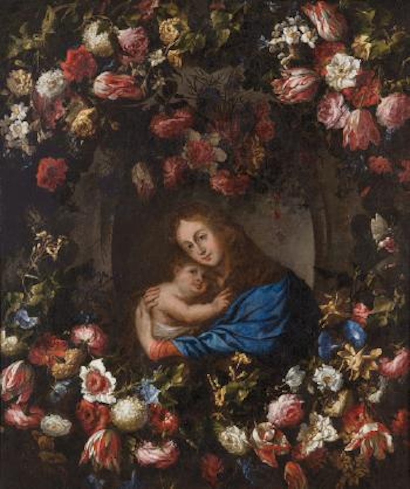 Virgen con el Niño en orla de flores by Juan de Arellano