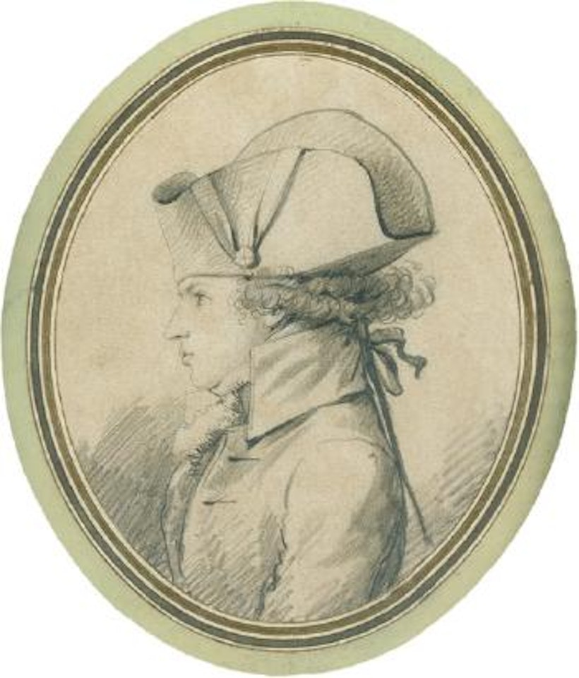 Bildnis eines eleganten jungen Herren mit Zweispitz und Zopf im Profil nach links by Louis Carrogis Carmontelle