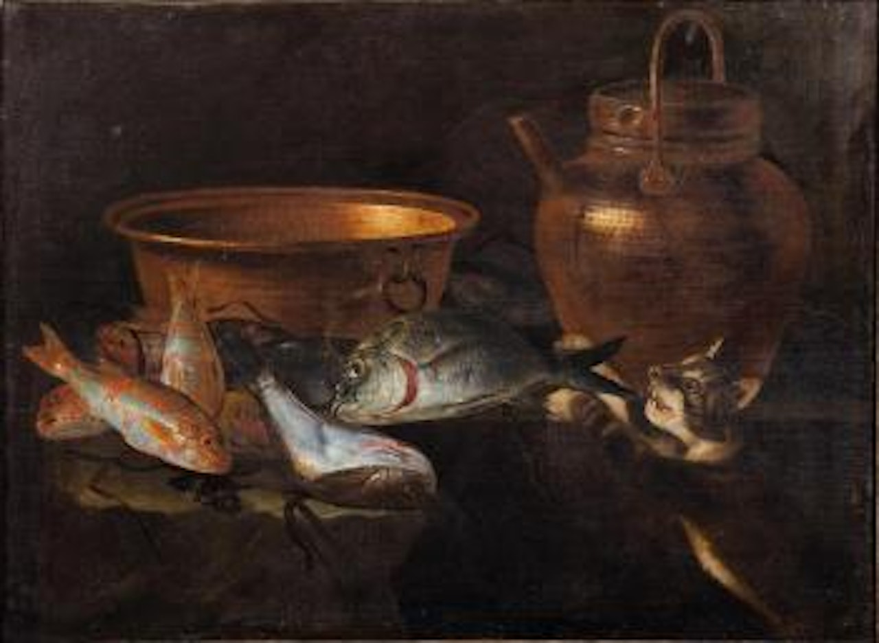 Natura morta con pesci, recipienti di rame e un gatto by Giuseppe Recco