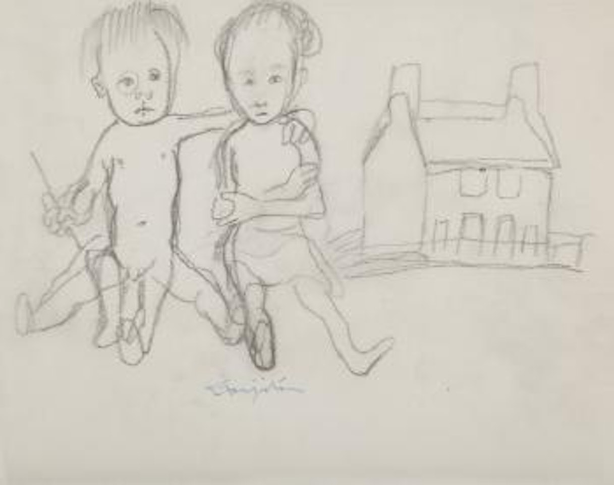 Deux enfants devant une maison (Foujita et Kimiyo enfants) by Leonard Tsuguharu Foujita