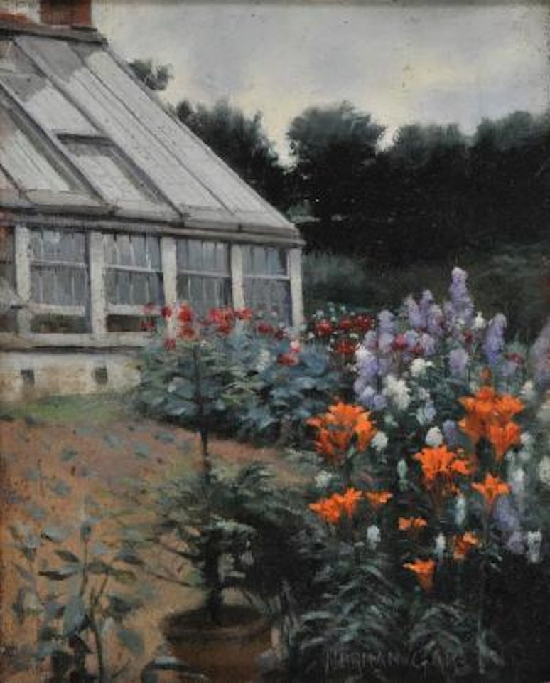 Corner of a large garden with herbaceous border and greenhouse by Norman Garstin