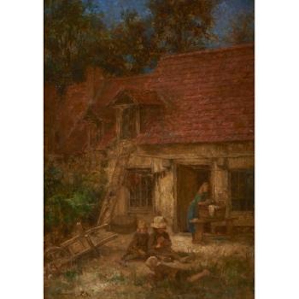 Children in front of a cottage by Alexei Harlamoff
