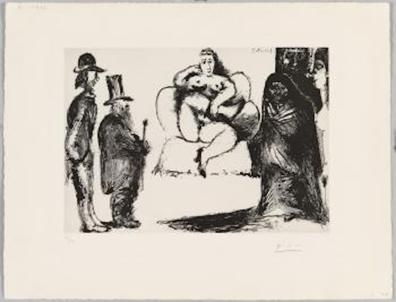 Célestine, Maya ou Olympia nue, avec Manet et Marcellin Desboutin; Couple de Spectateurs au deuxième Plan by Pablo Picasso