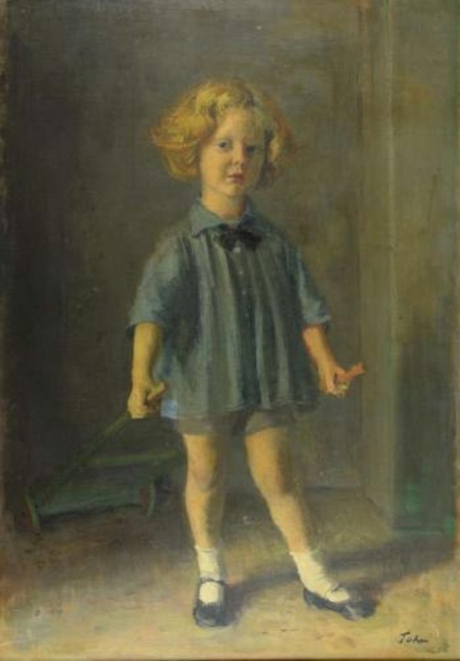 Portrait of a child with green hand cart by Augustus Edwin John