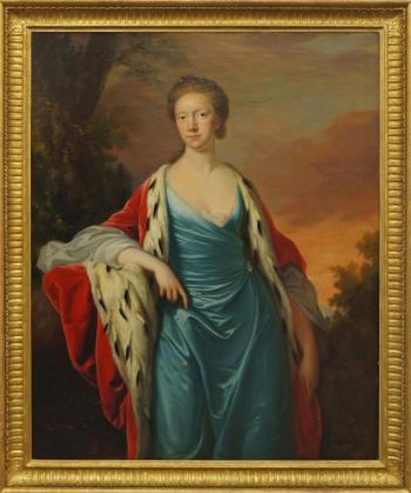 Portrait of a lady, standing three-quarter length in an ermine cape by Thomas Hudson