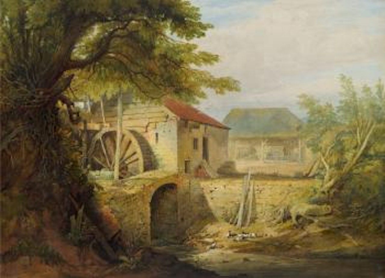 View of an old mill with ducks and a stream by Edward Duncan