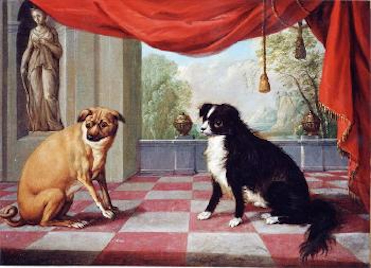 Dos perros en un interior con cortina roja y estatua de Diana cazadora by Jan Van Kessel The Elder