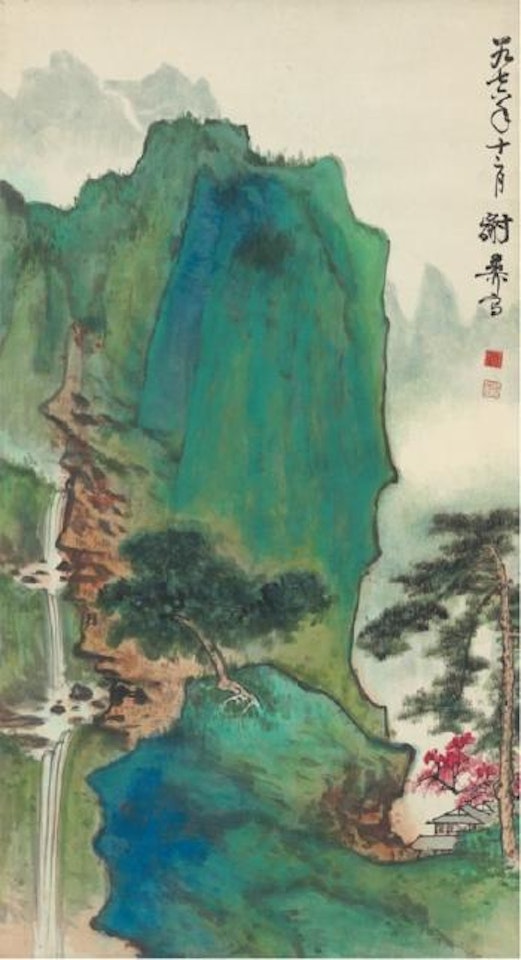 Pavilion surrounded by pine trees and stream by Xie Zhiliu