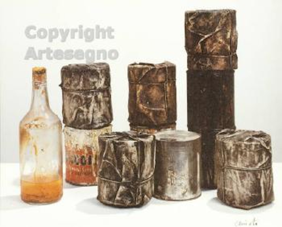Wrapped cans and a bottle by Christo