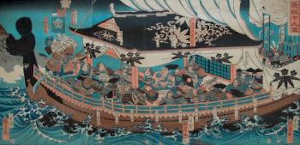 Yoshitsune no jûku-shin, Yoshitsune et ses dix neuf serviteurs dans une barque, Benkei à la proue by Utagawa Kuniyoshi
