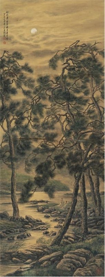 Breezed pine trees under moonlight by Lengyue Tao