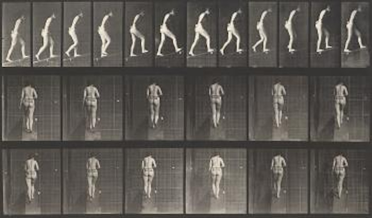 Woman walking up a plank from: Animal Locomotion by Eadweard Muybridge