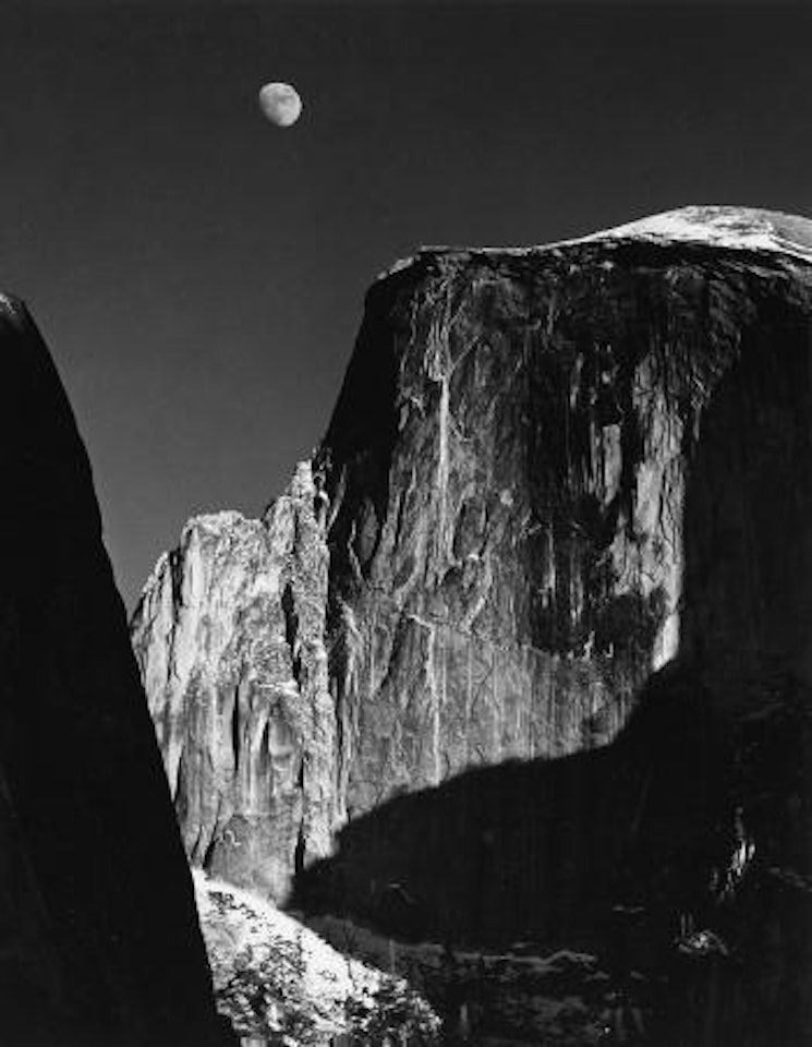 Half Dome and Moon. Upper Yosemite Falls, Spring. Mirror Lake by Ansel Adams