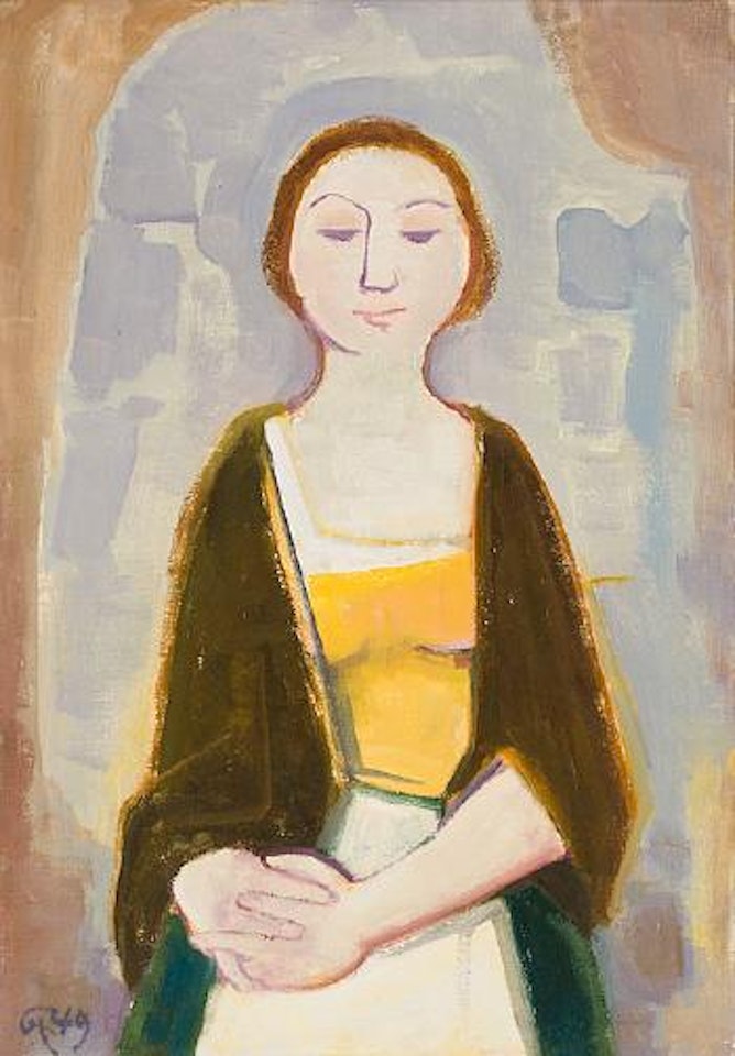 Junge Frau mit gesenktem Blick und verschränkten Händen by Karl Hofer