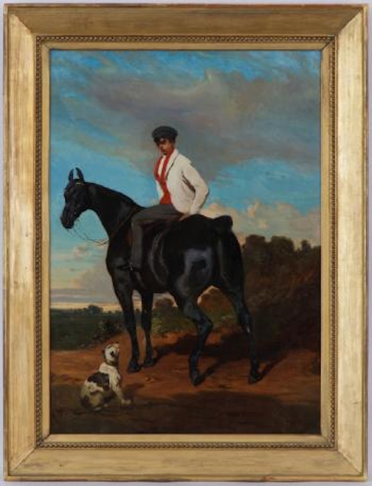 Jeune cavalier en veste blanche et casquette sur un cheval bai noir, avec un chien à ses pieds by Alfred de Dreux