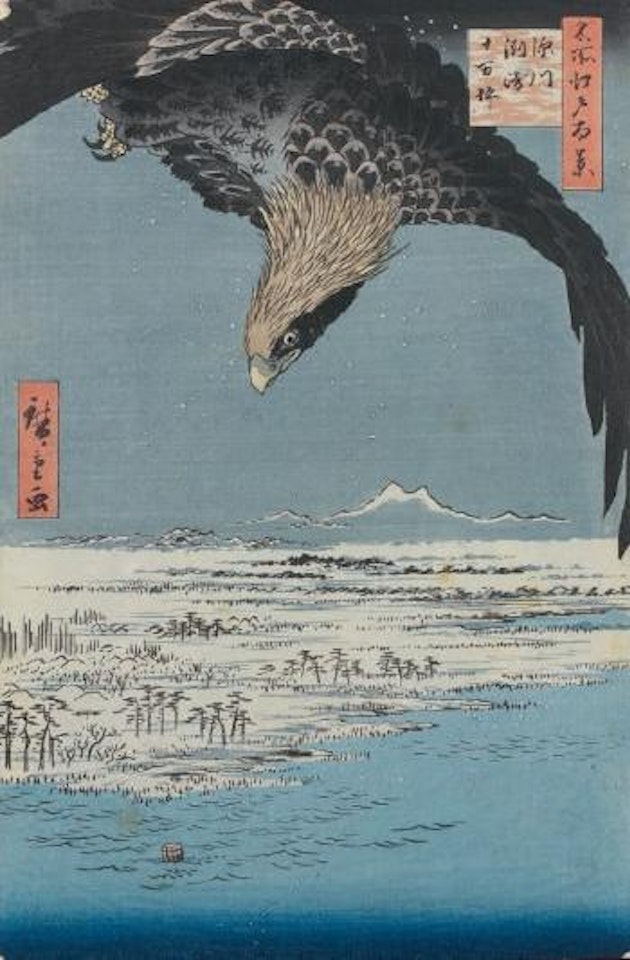 Fukagawa Susaki Jûmantsubo, vue Fukagawa Susaki et Jûmantsubo avec un vol d’un aigle by Utagawa Hiroshige