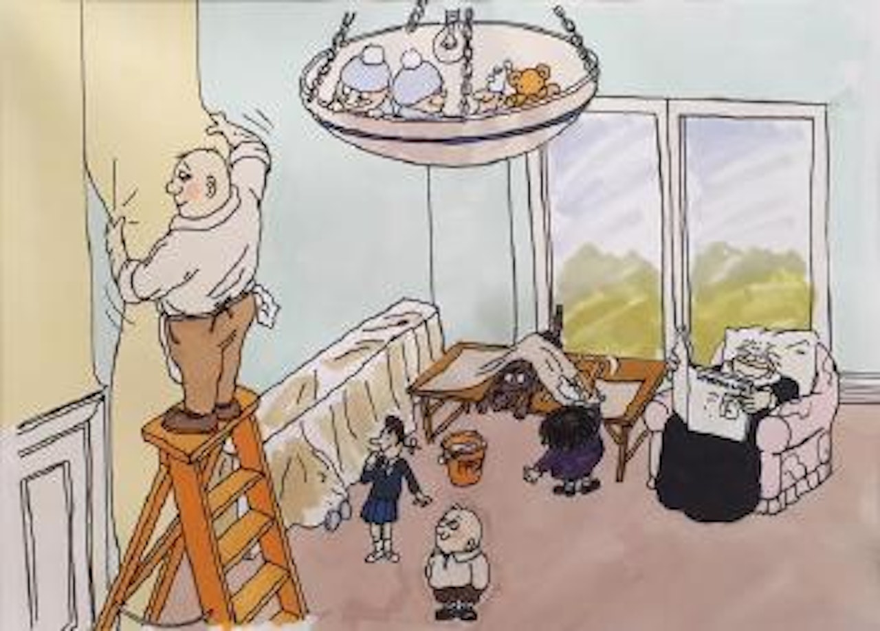 Original sketch for Lyons Quick Brew tea commercial, Wallpapering aired in 1983, UK by Honoré Daumier