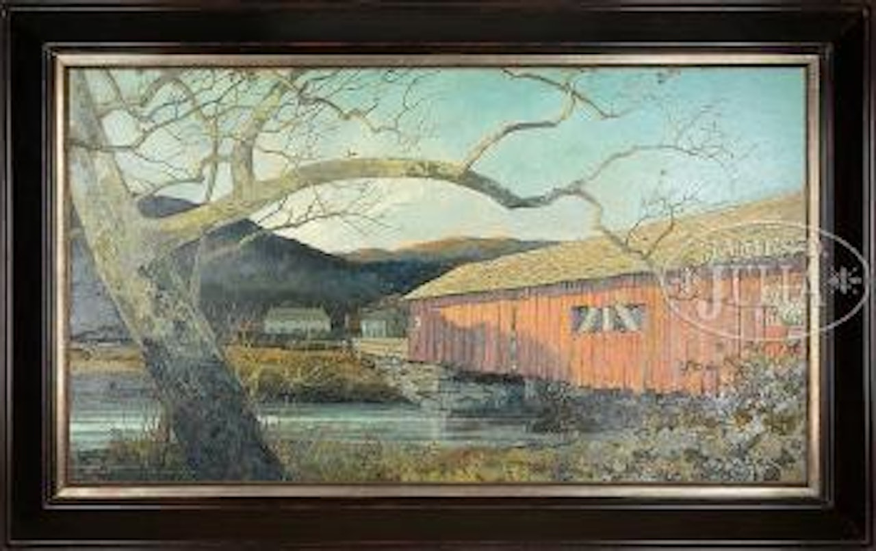 Afternoon shadows on red covered bridge by Eric Sloane