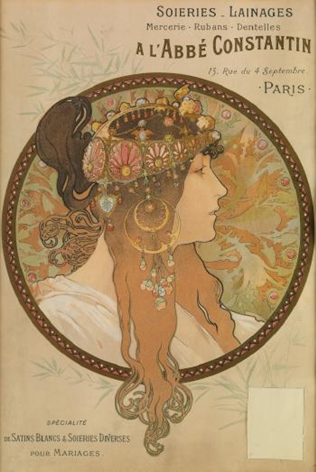 Tête Byzantine Brunette / Soieries Lainages A L'Abbé Constantin by Alphonse Mucha