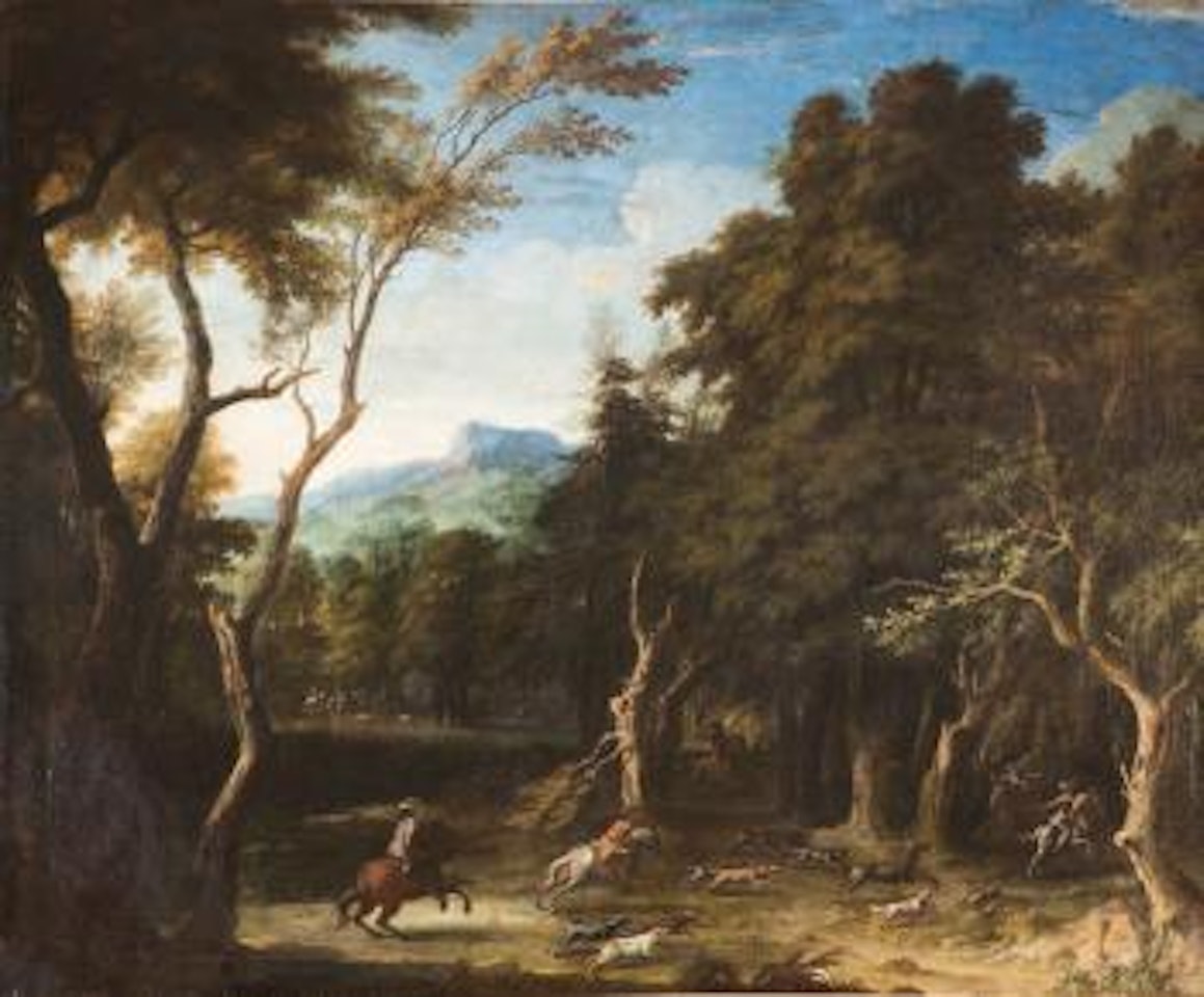 Paesaggio boschivo con caccia al cervo by Pieter van Bloemen