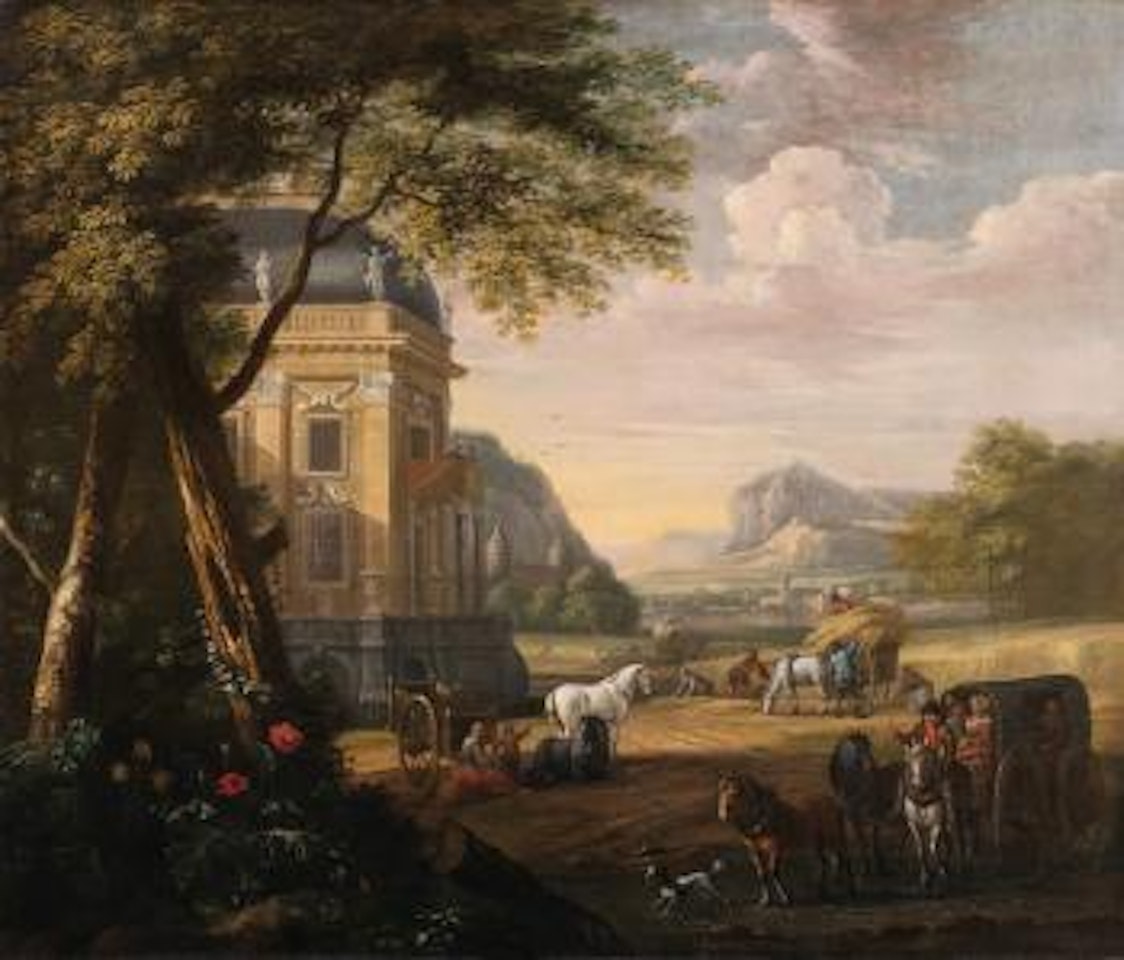 Paesaggio con palazzo elegante, astanti in carrozza e contadini che mietono il grano sullo sfondo (Allegoria dell’Estate) by Isaac de Moucheron