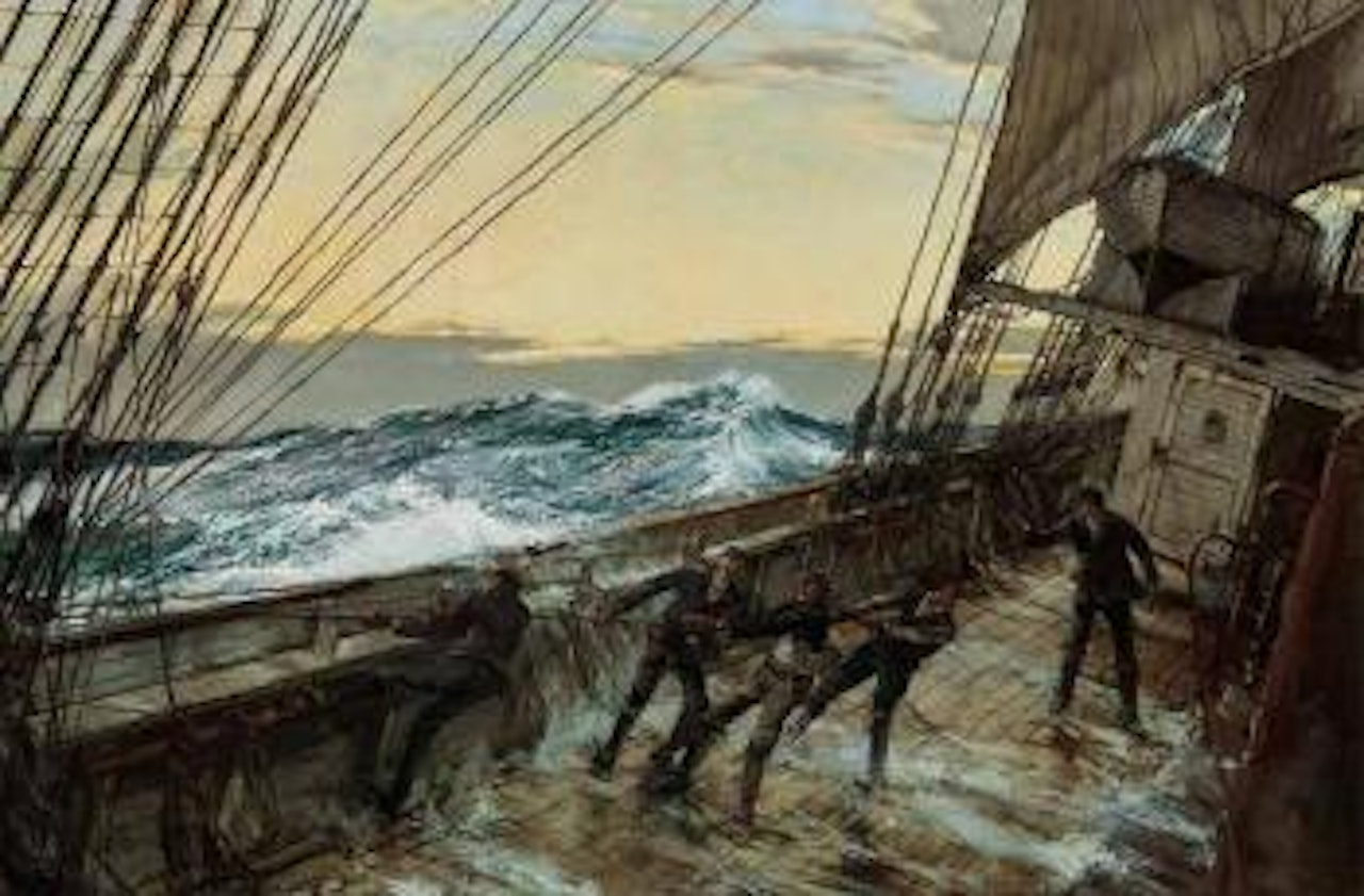 Ship Deck, Stormy Seas by Montague Dawson